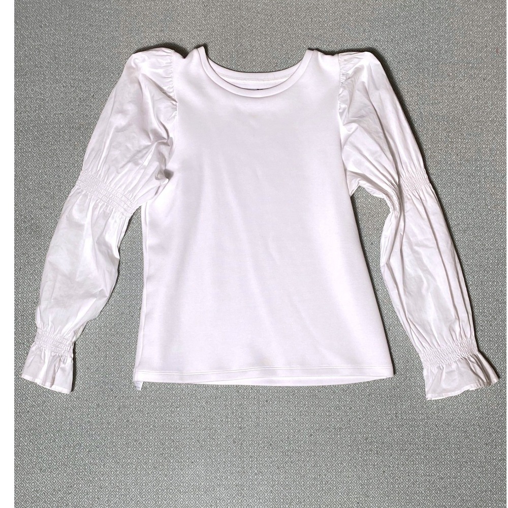 Addison Bay Top Womens Small White Puff Sleeve Smocked Ruffle Crew Neck Shirt